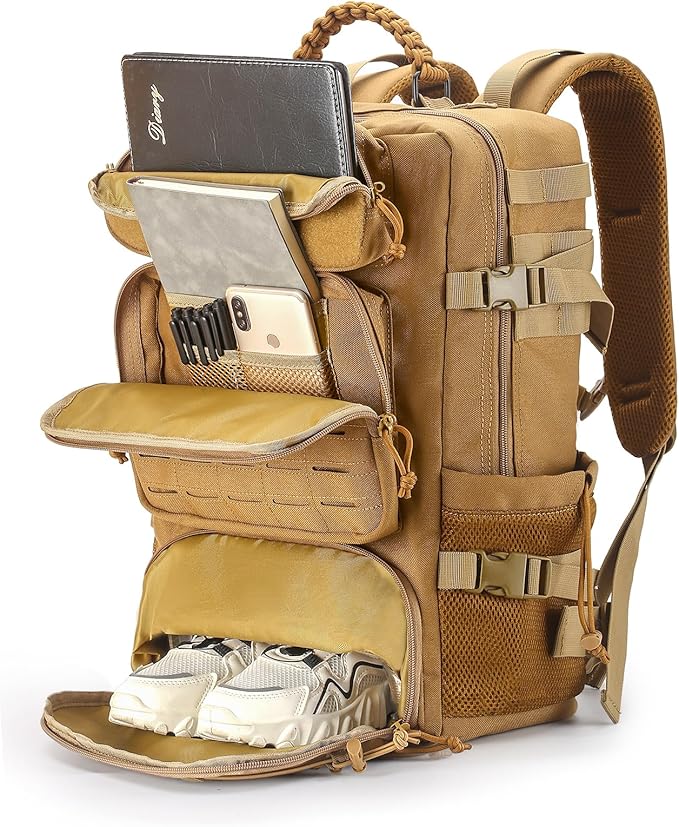 Tactical Backpack for Men, 35L Travel Military Backpack with Shoe Compartment, 1000D Water Resistant Molle Rucksack for Outdoor Hiking Travel Camping, Khaki Color