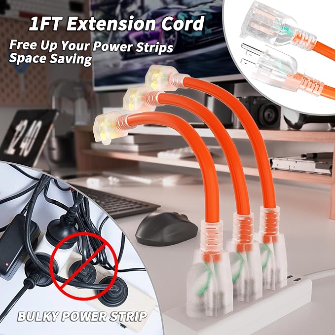 PlugSaf 1FT (3 Pack) 12/3 Gauge Short Outdoor Extension Cord with Lighted Indicator,3 Prong Heavy Duty Extension Cable with 3 Prong Grounded Plug for Safety,Orange ETL Listed