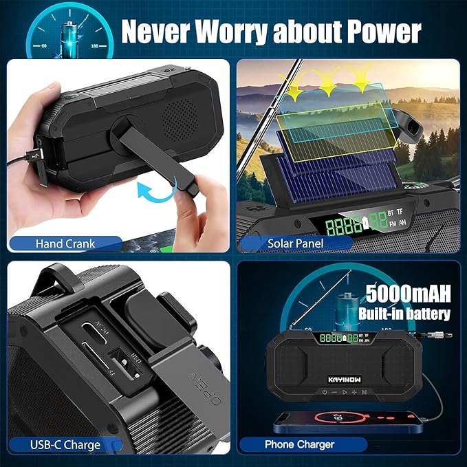 Solar Hand Crank Emergency Radio with Waterproof,Portable AM FM NOAA Weather Radio, Rechargeable 5000mAh/18500mWh Battery Power, Wind Up Flashlight Phone Charger, SOS,Survival Storm Hurricane