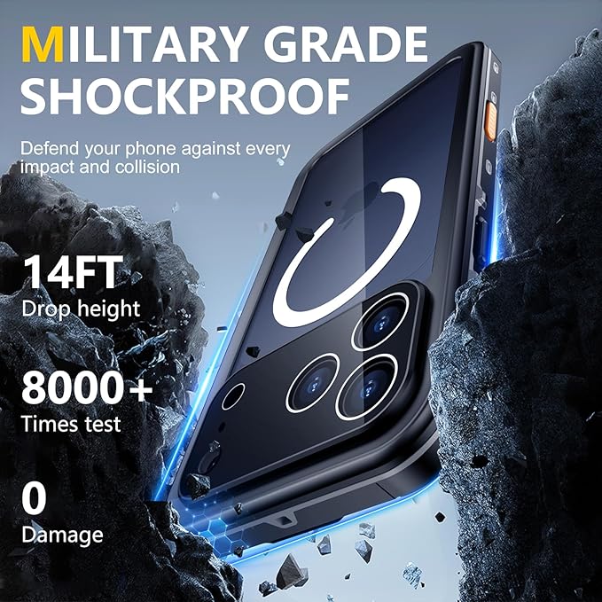 Red2Fire for iPhone 17 Pro Case Waterproof, [Built-in Screen Protector & Camera Protector][Compatible with MagSafe][Full Body Shockproof][IP68 Waterproof][Dustproof] Phone Case 6.3" Black/Clear