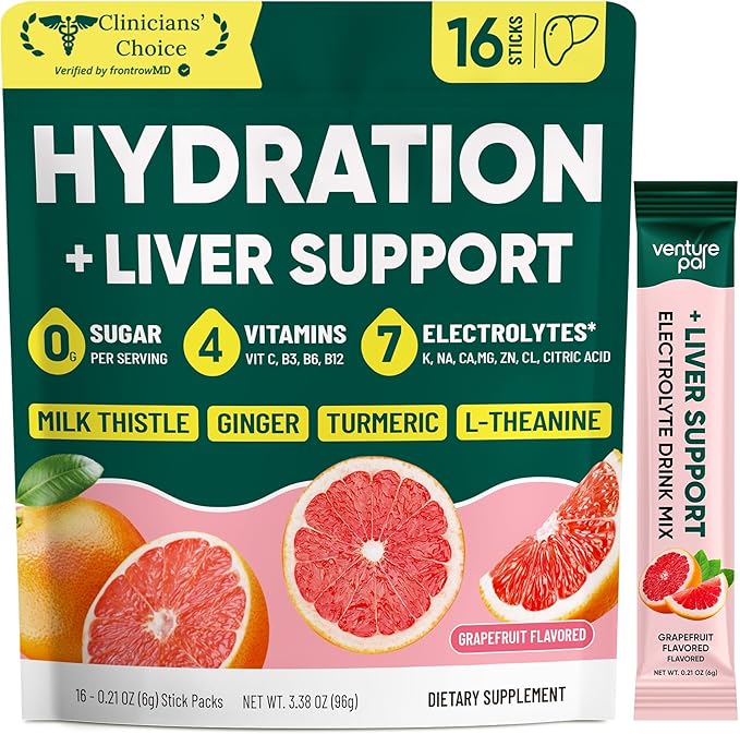 Venture Pal Hydration Packets + Liver Support- Liquid Daily IV Electrolyte Powder Packets with 7 Electrolytes & 5 Vitamins, Milk Thistle + L-Theanine | Sugar-Free | Keto Friendly | Vegan, 16 Sticks