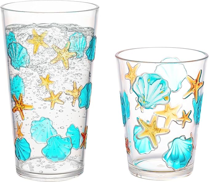 KLIFA- HAWAII series- 15.2 & 20.9 ounce, Set of 8, Sea World Acrylic Drinking Glasses, Shatter-proof Tumblers, BPA-Free, Stackable Plastic Drinkware, Dishwasher Safe Cups, Clear with 2-color printing