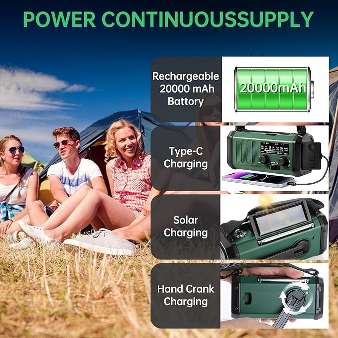 Emergency Radio Hand Crank Solar, AM/FM/NOAA Weather Radio Built-in 20000mah Battery Powered,Type-C Charger,Flashlight, Reading Light,SOS, Compact & Portable for Camping/Emergencies Green