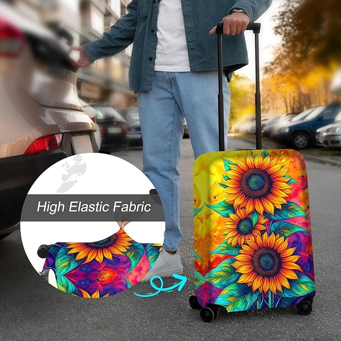 Luggage Cover Protector for 19-20 Inch Suitcases, TSA Approved Elastic Travel Suitcase Covers, Anti-Scratch Washable Luggage Sleeve for Carry On & Checked Bags, Three Sunflowers