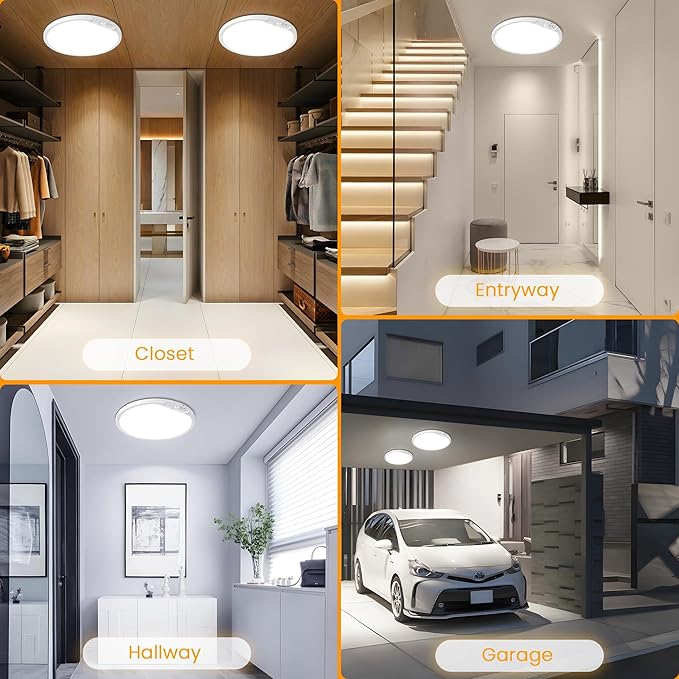 SunRider 12 Inch Rechargeable Motion Sensor LED Ceiling Light with Remote, Wireless Dimmable 3CCT Battery Operated LED Closet Lights for Stair, 2-Pack