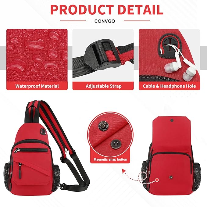 Small Crossbody Bag Casual Sling Bag for Men, Convertible Backpack, 3-in-1 Anti-Theft Shoulder Bag Trendy Daypack for Travel, Red