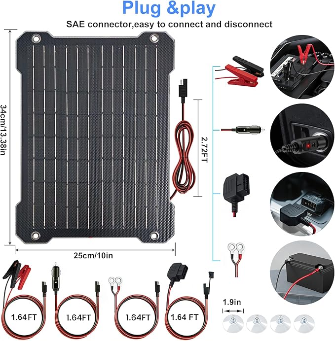 Upgraded MPPT OBDII 12W Solar car Battery Charger 12V Solar trickle Charger maintainer Solar Panel kit Battery Solar Charger Suitable for Cars Motorcycles Boats RVs Trailers Snowmobiles etc