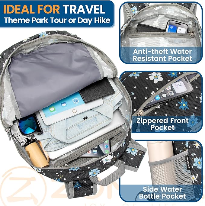 ZOMAKE Ultra Lightweight Packable Backpack 25L - Foldable Hiking Backpacks Water Resistant Small Folding Daypack for Travel(Black,Floral pattern)