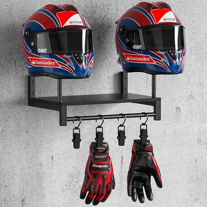 Motorcycle Helmet Holder Wall Mount, Helmet Rack with 4 Glove Clips, Motorcycle Gear Rack Storage, Motorcycle Accessories Organizer for Entryway or Garage
