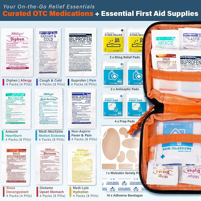EVERLIT CARE Travel Essential Medicine First Aid Kit I Bonus Medical Supplies I TSA Compliant Mini Size Medkit for Traveling Camping Trips Individually Packed 64 Tablets (Orange)