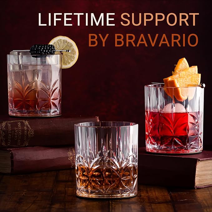 Bravario Unbreakable Plastic Whiskey Glasses | Shatterproof 100% Tritan Double Rocks | Dishwasher-Safe | BPA-free | Perfect for Outdoor Cocktail Bourbon | 13 oz, Set of 4
