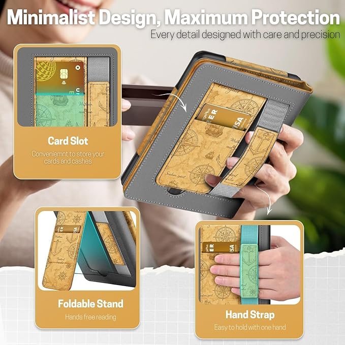 TNP Stand Case for Kindle Paperwhite 12th Generation 2024 / Kindle Colorsoft Signature Edition with Hand Strap & Card Slot - 7" PU Leather Protective Folio Cover with Auto Wake/Sleep, Nautical Map