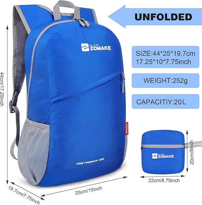 ZOMAKE Lightweight Packable Backpack,Foldable Backpacks Small Daypack for Hiking Water Resistant Day Bag for Travel(Dark Blue)