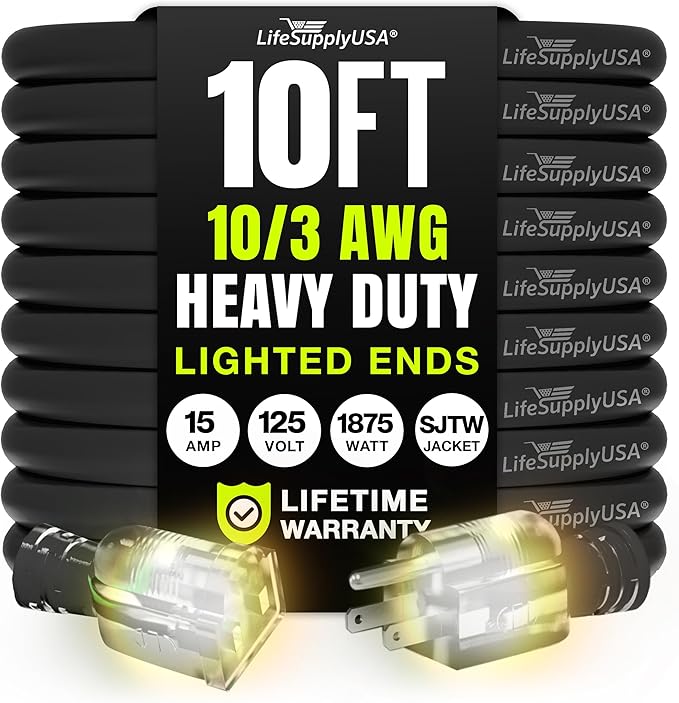 10ft Outdoor/Indoor Extension Cord 10/3 Gauge Ultra Heavy Duty 3 Prong SJTW, Waterproof, Flexible Cold-Resistant Long Power Cord,15A 125V 1875W, Black by LifeSupplyUSA