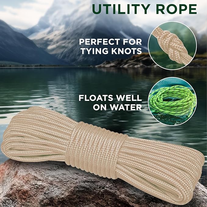 TECEUM Rope – 90 Feet x 3/8 Inch (10mm) – Beige – Strong All-Purpose Utility Rope – Camping, Crafting, Flag Pole, Indoor & Outdoor – Polypropylene Nylon Poly Lightweight Diamond Braided Cord