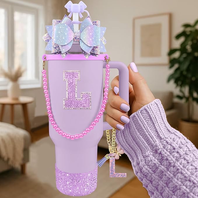 9PCS Purple for Stanley Cup Accessories Set Bling Initials Bow Charms for Stanley Decorations 30/40 Oz Tumbler Accessories Including Bow Straw Topper, Handle Strap, Spill Stopper（Letter L）