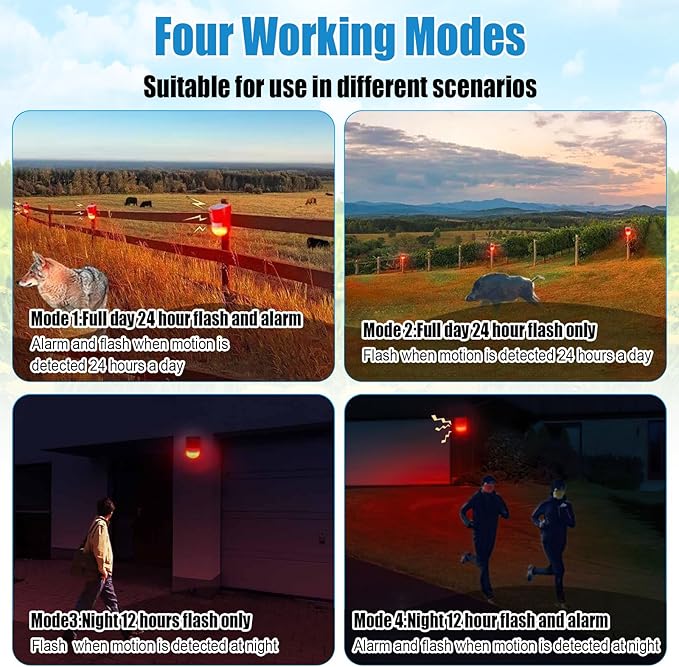 Qualirey Solar Sound and Light Alarm Motion Sensor 129db Outdoor Security Siren Waterproof Activated Detector Driveway Alarm 6 LEDs Flash Warning Deterrent Strobe System for Home, Farm(Red,6 Pack)