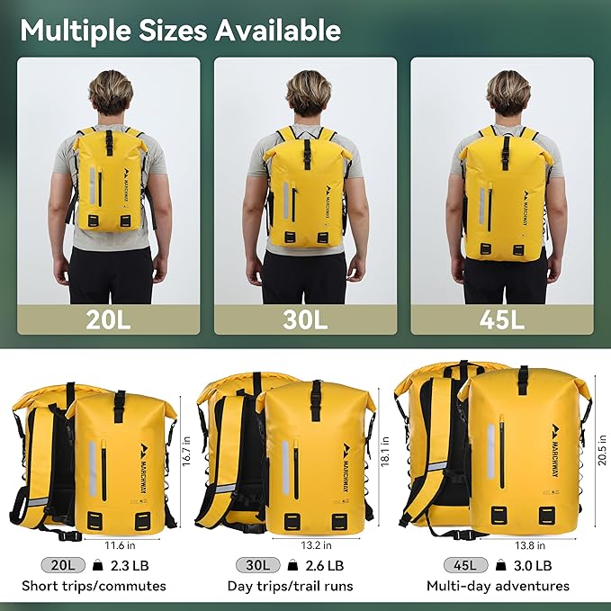 MARCHWAY Roll Top Waterproof Backpack, Floating Dry Bag 20L/30L/45L with Ergonomic Rectangular Base, Cushioned Back, Hip Strap for Hiking Camping Kayaking Travel (Yellow, 30L)