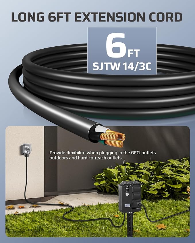 DEWENWILS Outdoor Power Stake Timer Waterproof, 6 Grounded Outlets, 6FT Extension Cord, 100FT Wireless Remote Control, Photocell Dusk to Dawn Timer for Lights, Yard, Garden, UL Listed, Black