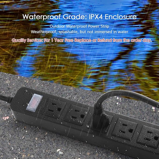 Outdoor Power Strip Waterproof with 5 Outlets, Garden Weatherproof Surge Protector, Christmas Multiple Outlet Exterior Socket for Lighting Appliances. 15FT Extension Cord Strip with Flat Plug. Black