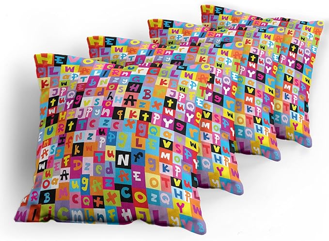 Ambesonne Abstract Throw Pillow Cushion Case Pack of 4, Colored Alphabet Letters Pattern Game Graphic Print, Modern Accent Double-Sided Digital Printing, 18", Multicolor