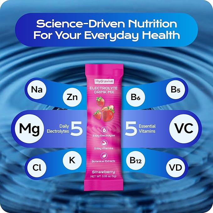 Hydration Electrolyte Powder 18 Packs – Sugar Free Liquid Daily IV Drink Mix | 1,000mg Total of 5 Electrolytes, 5 Vitamins | Ashwagandha, L-Theanine | Non-GMO (Strawberry)
