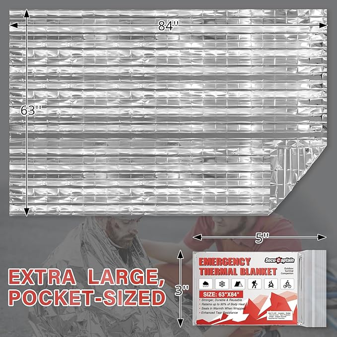 SecuCaptain Survival Emergency Thermal Blankets: 30 Pack Extra Large 84” x63” Space Mylar Blanket Kit for Outdoor Cold Winter Camping Hiking Car Bug Out Bag or First Aid