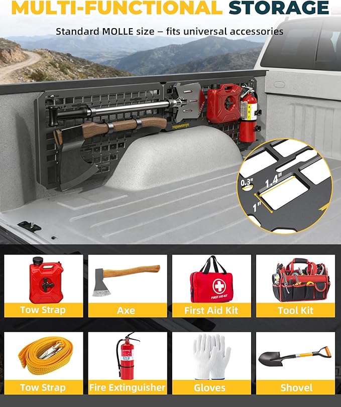 Trumgeta Aluminum Side Bed MOLLE Panel Fit for 2014–2018 Chevy Silverado 5.8FT, Easy No-Drill Install, Heavy-Duty Truck Bed Organizer Rack System for Tools Gear Accessories