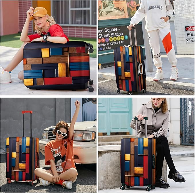 ANNA QUEEN Modern Geometric Wood Luggage Cover, Abstract Panel Suitcase Protector for 20-22 Inch Luggage