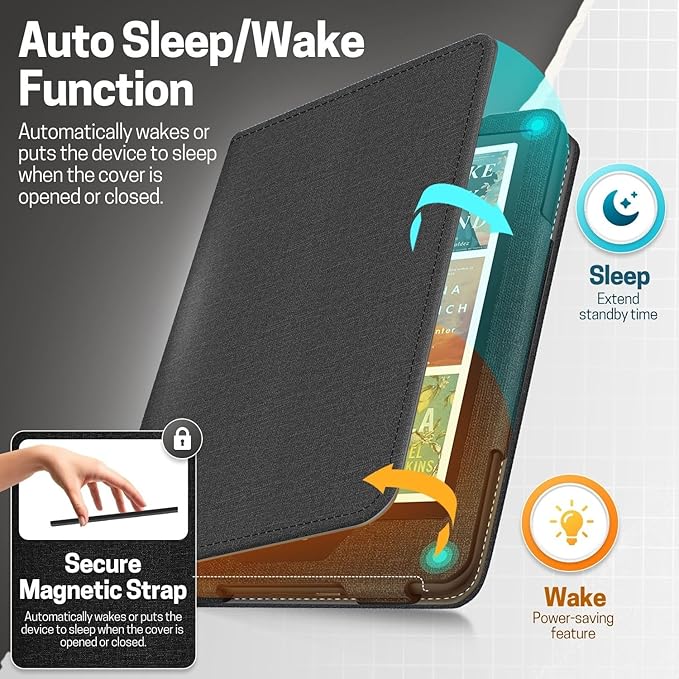 TNP Stand Case for Kindle Paperwhite 12th Generation 2024 / Kindle Colorsoft Signature Edition with Hand Strap & Card Slot - 7" PU Leather Protective Folio Cover with Auto Wake/Sleep, Black