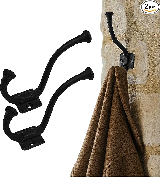 Mystic Colonial Medieval Rustic Cast Iron Wall Hooks (Set of 2) | (4 in x 3 in) Vintage Black Coated Double Coat & Hat Hook Hangers | Heavy-Duty Farmhouse, Gothic & Modern Decor