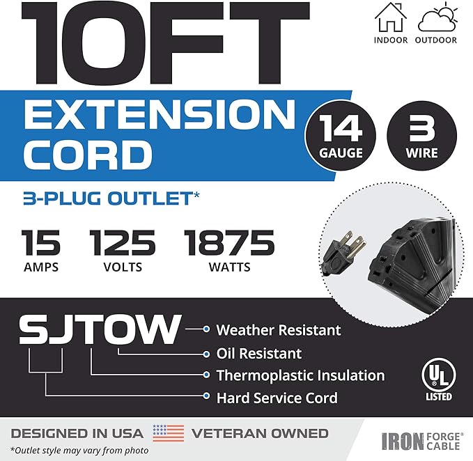 Iron Forge Cable 14 Gauge Outdoor Extension Cord 10 Ft with 3 Power Outlets, SJTOW 14/3 Heavy Duty Black 3 Prong, Oil Resistant & Flame Retardant