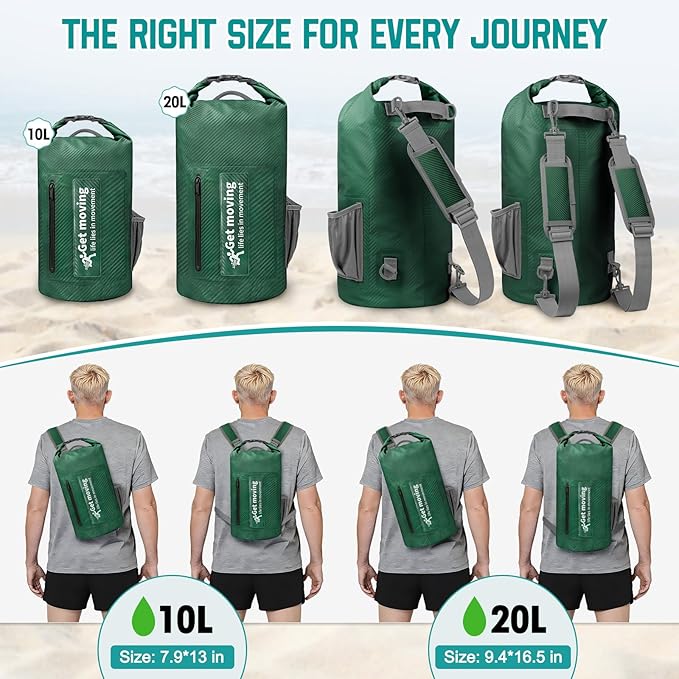 BKNOOU Dry Bag Waterproof Backpack for Women Men, 10L/20L Roll Top Dry Bags for Kayaking Waterproof Bag for Travel, Boating, Beach, Camping, Hiking & Rafting, Dry Storage Bag with Phone Pouch
