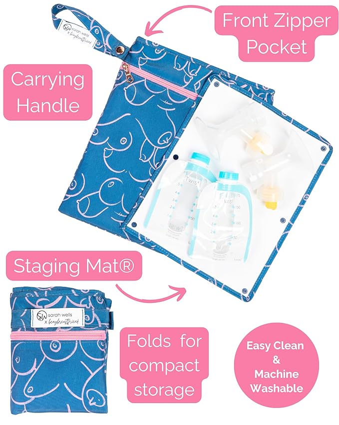 Sarah Wells Pumparoo Wet Dry Bag for Breast Pump Parts – Compact Organizer with Waterproof Pocket, Staging Mat & Fridge Hack – Machine Washable Pumping Accessory (Blue Pattern)