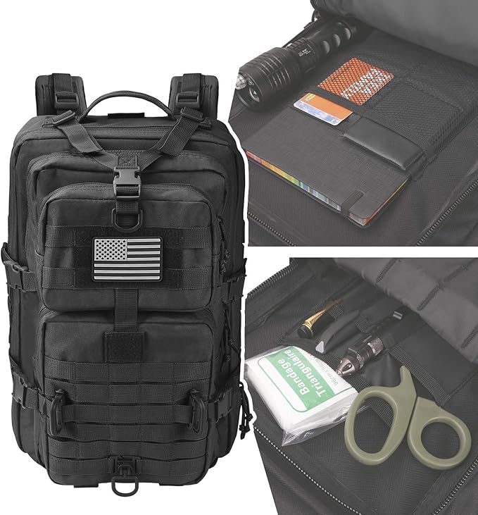 Hannibal Tactical MOLLE Assault Backpack, Tactical Backpack Military Army Camping Rucksack, 3-Day Pack, D-Rings, Black with Gray Patch