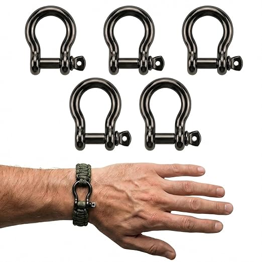Black Nickel 5/32" Bow Shackle, 5 Pack with Tool, 1433lbs D-Ring Shackle Clasp, Small Stainless Style Anchor Shackle for Paracord Bracelet, Survival Gear