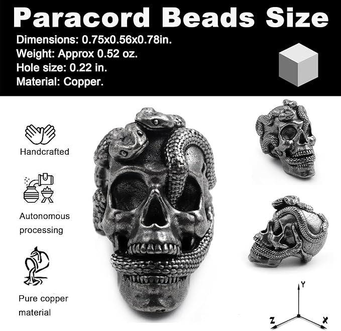 Skull Paracord Bead, Copper, 0.75x0.56x0.78 inches, for Crafting Lanyard Keychains