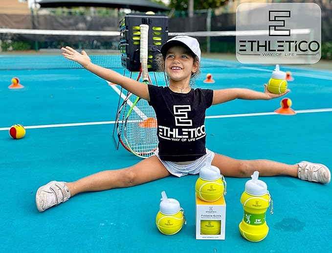 Collapsible Water Bottles with Carabiner Food Grade Sports Water Bottle for Gift Kids Folding Water Bottle for Hiking, School, GYM, School, Sports and Traveling 19oz/550ml (Tennis Ball)
