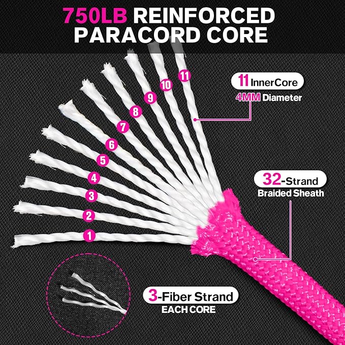Paracord Rope 750 - Parachute para Cord 4mm 11 Strand Spool Rope Utility Nylon String for Outdoor Camping Survival Utility Tent Crafting DIY Projects - Neonpink 1000ft