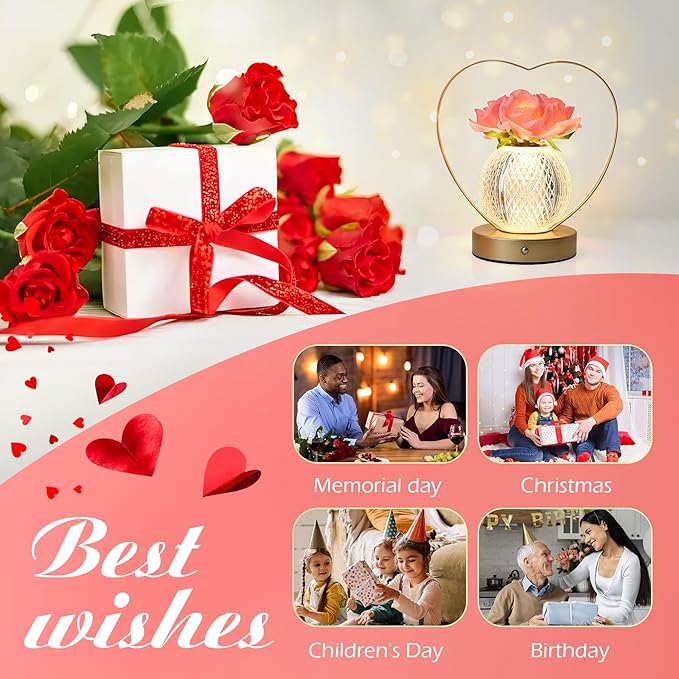 AMWGIMI Rose Flower Lamp,Birthday Gifts for Women,Rechargeable Cordless LED Touch Lamps,3-Colour Infinitely Dimming Small Night Light,for Living Room,Dining Room,Bedroom Festival Home Decor