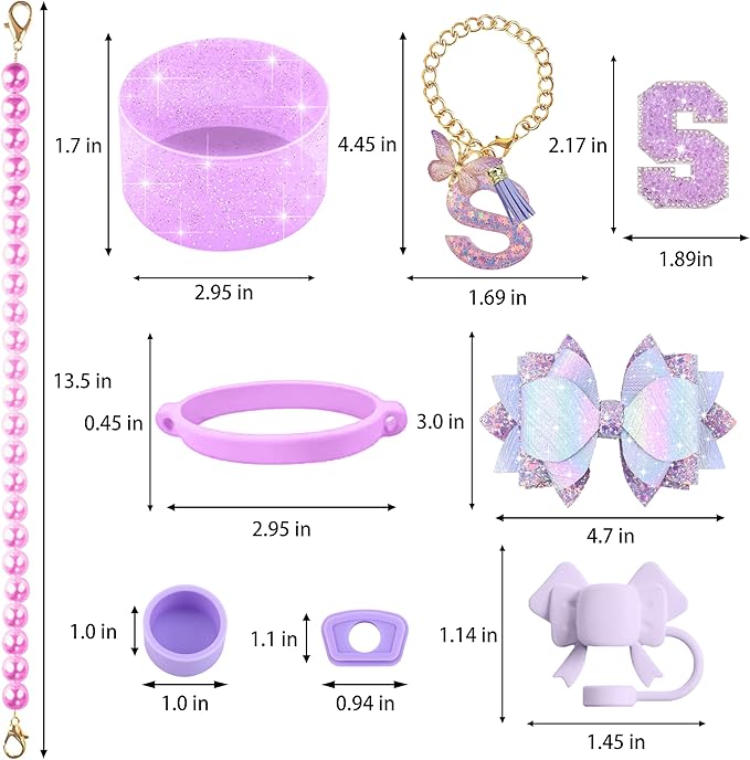 9PCS Purple for Stanley Cup Accessories Set Bling Initials Bow Charms for Stanley Decorations 30/40 Oz Tumbler Accessories Including Bow Straw Topper, Handle Strap, Spill Stopper（Letter S）