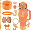 9PCS Orange for Stanley Cup Accessories Set Bling Initials Bow Charms for Stanley Decorations 30/40 Oz Tumbler Accessories Including Bow Straw Topper, Handle Strap, Spill Stopper（Letter J）