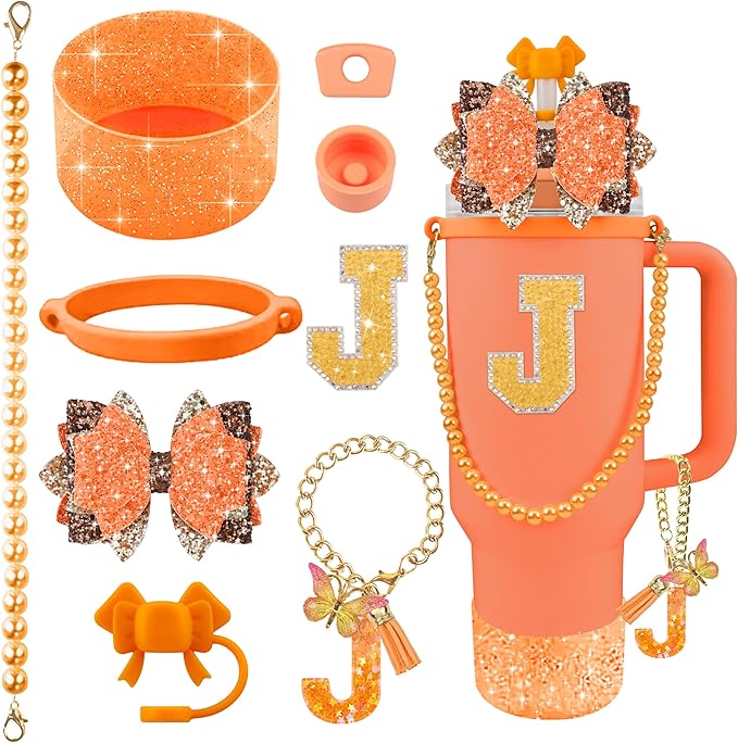 9PCS Orange for Stanley Cup Accessories Set Bling Initials Bow Charms for Stanley Decorations 30/40 Oz Tumbler Accessories Including Bow Straw Topper, Handle Strap, Spill Stopper（Letter J）