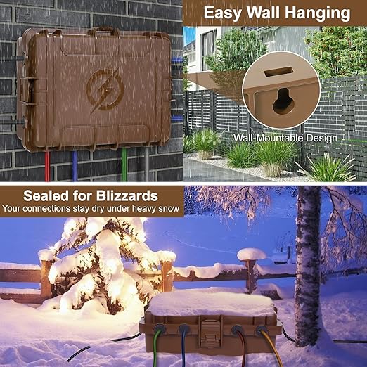 Waterproof Electrical Box, Large Outdoor Extension Cord Covers Waterproof, 8 Cable Seal Entry Weatherproof, IP54 Protect Power Strip, Timer Outlet Plug, Socket, Holiday Light Decoration (Brown)
