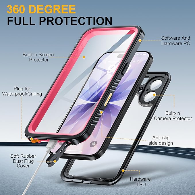 ANTSHARE for iPhone 17 Case, IP68 Waterproof Shockproof Case, [Built-in Screen Protector] - 12 FT Military Dropproof - Full Body Heavy Duty Rugged Phone Cover 6.3 inches - Pink/Clear