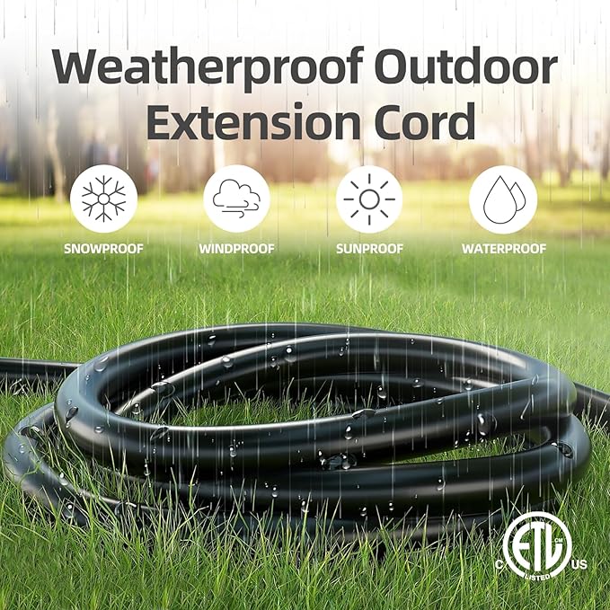 TiFFCOFiO Indoor Outdoor Extension Cord Waterproof, 25 Feet 3 Prong Power Cord for Home and Garden, 16 AWG, 13A/1625W, ETL Listed