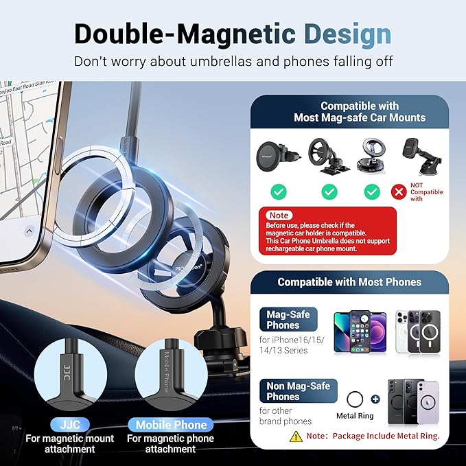 Dual Magnetic Phone Umbrella for Sun,Magnetic Cellphone Sunshade Shield Compatible with Magsafe Phone-Grip/Magsafe Car Phone-Holder,UPF45+ Phone Umbrella for iPhone 17 16 15 Pro Max Outdoor Anti-Glare