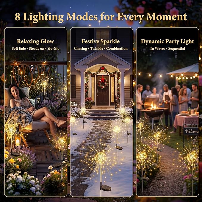 Solar Firework Lights, 10 Pack 120 LEDs 8 Lighting Modes Twinkle Solar Garden Lights Outdoor Waterproof for Yard Patio Walkway Pathway Party Wedding Balcony Decorative - Gifts for Women Mom