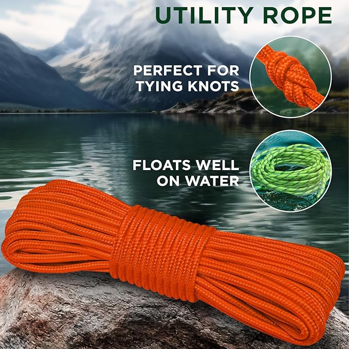 TECEUM Rope – 150 Feet x 1/4 Inch (7mm) – Orange – Strong All-Purpose Utility Rope – Camping, Crafting, Flag Pole, Indoor & Outdoor – Polypropylene Nylon Poly Lightweight Diamond Braided Cord