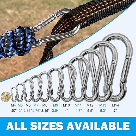 304 Stainless Steel Carabiners -1.57 inch Heavy Duty, Durable & Rust-Free Clips for Gym, Swing, Dog Leashes, Hammocks, Keychains, and More(304,M4,Pack of 12)